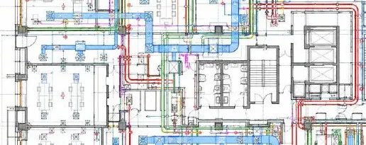 Colour-coded 2D CAD floor plan showing mechanical and electrical services