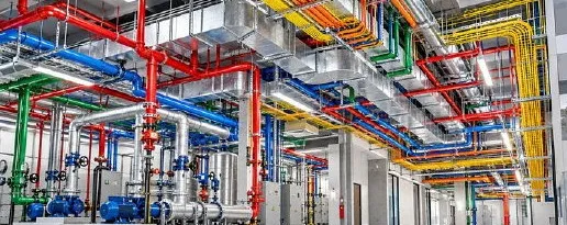 Plantroom with coordinated pipework, ductwork and equipment