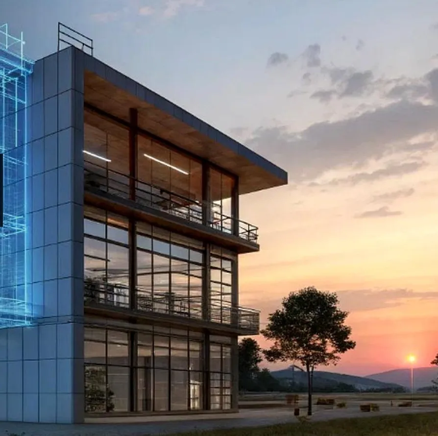 Building shown half as a blue BIM wireframe model and half as the completed structure at sunset