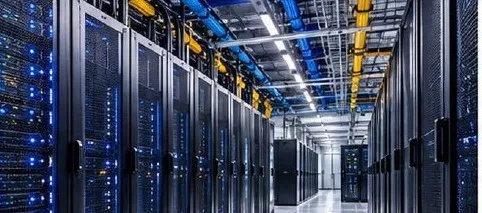 Data centre hall with server racks and overhead containment