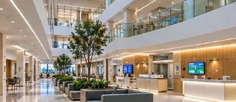 Bright hospital atrium with reception and seating
