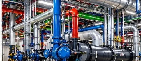 Industrial plantroom with colour-coded pipework and pumps