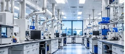 Laboratory with benches and overhead services